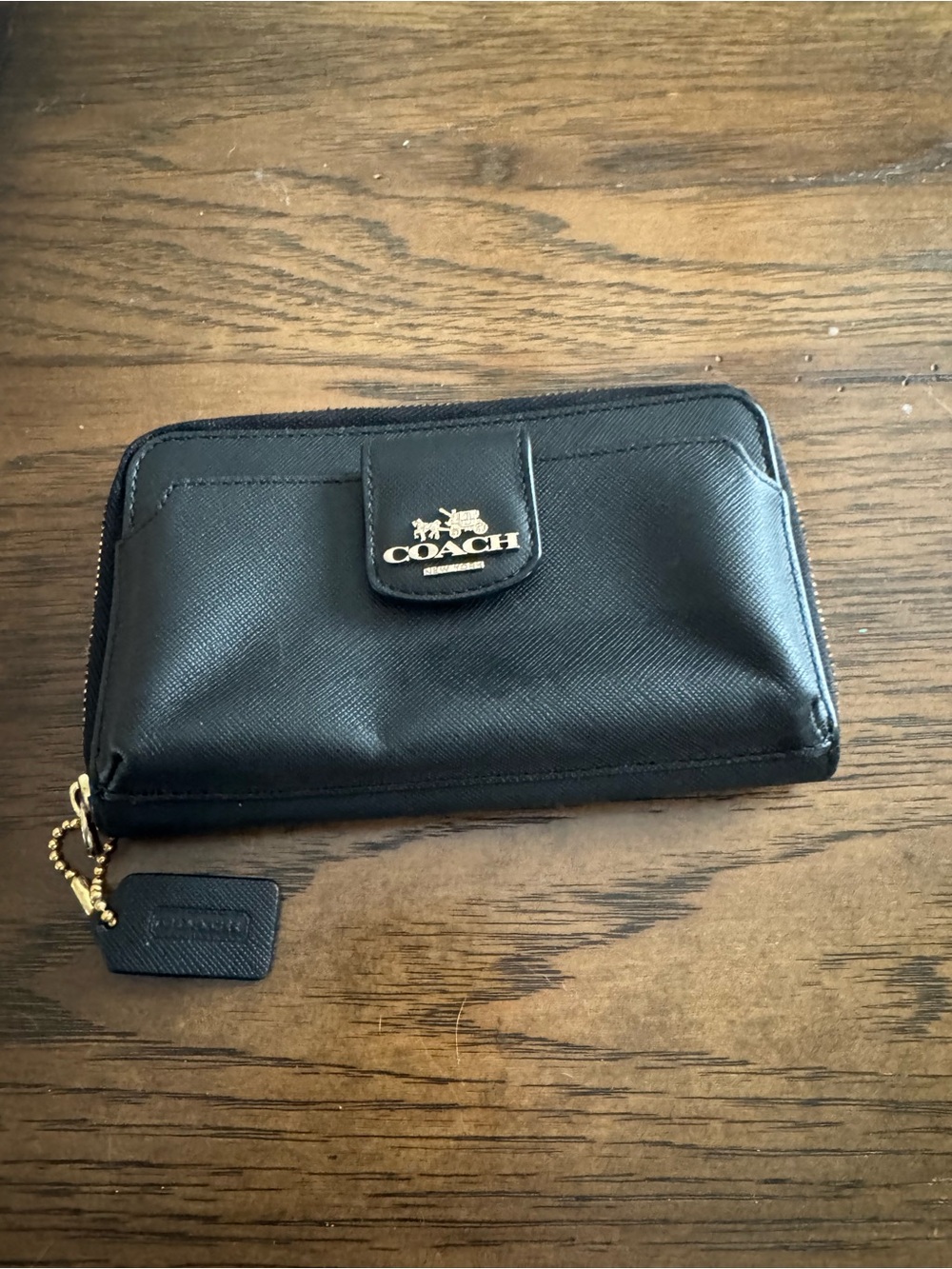 Coach Black Leather Zip Card & Key Holder with Gold Hardware